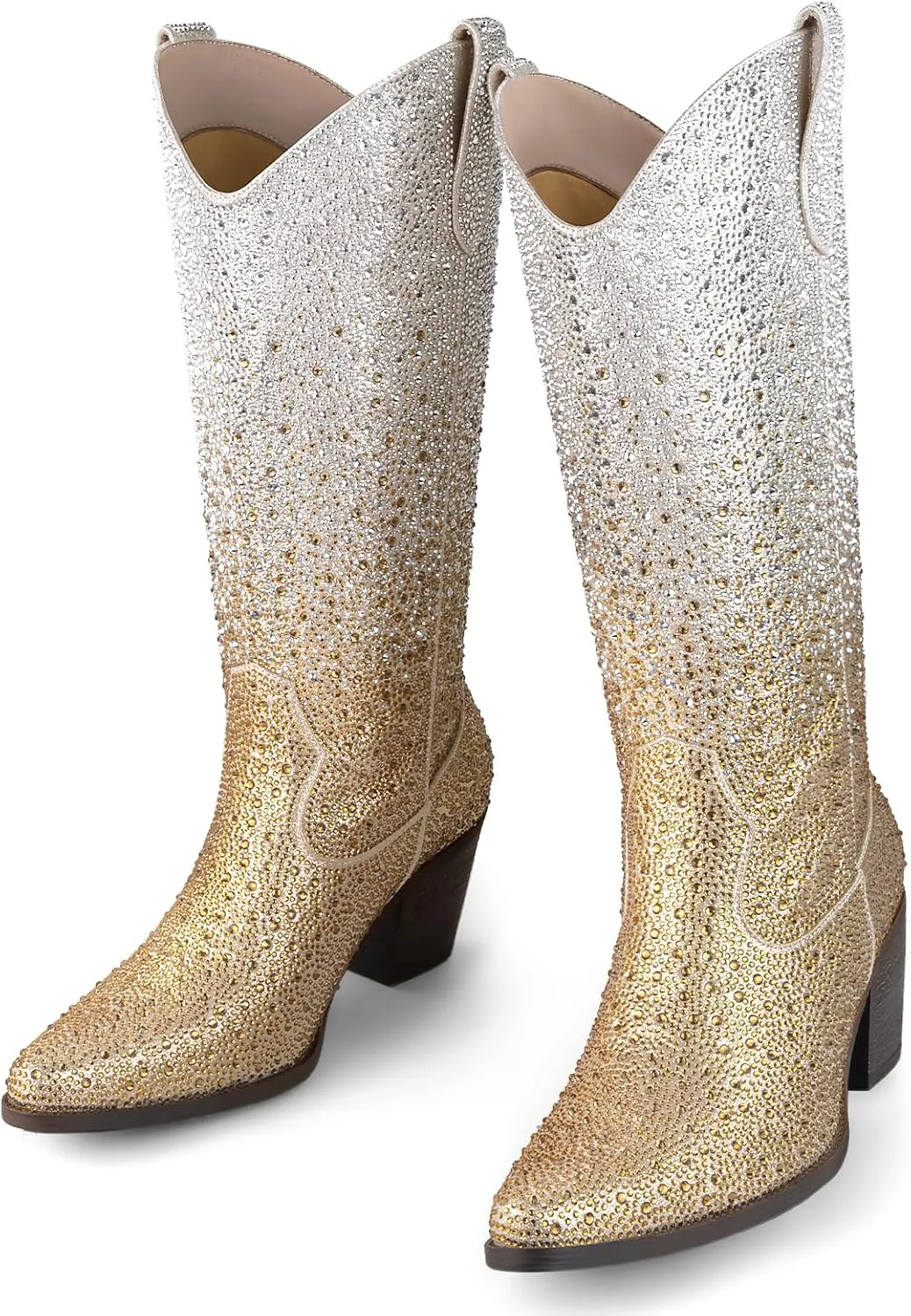 Women’s Rhinestone Cowboy Boots Mid Calf Pointed Toe Sparkly Block Heel Cowgirl Boots with Pull On Tabs