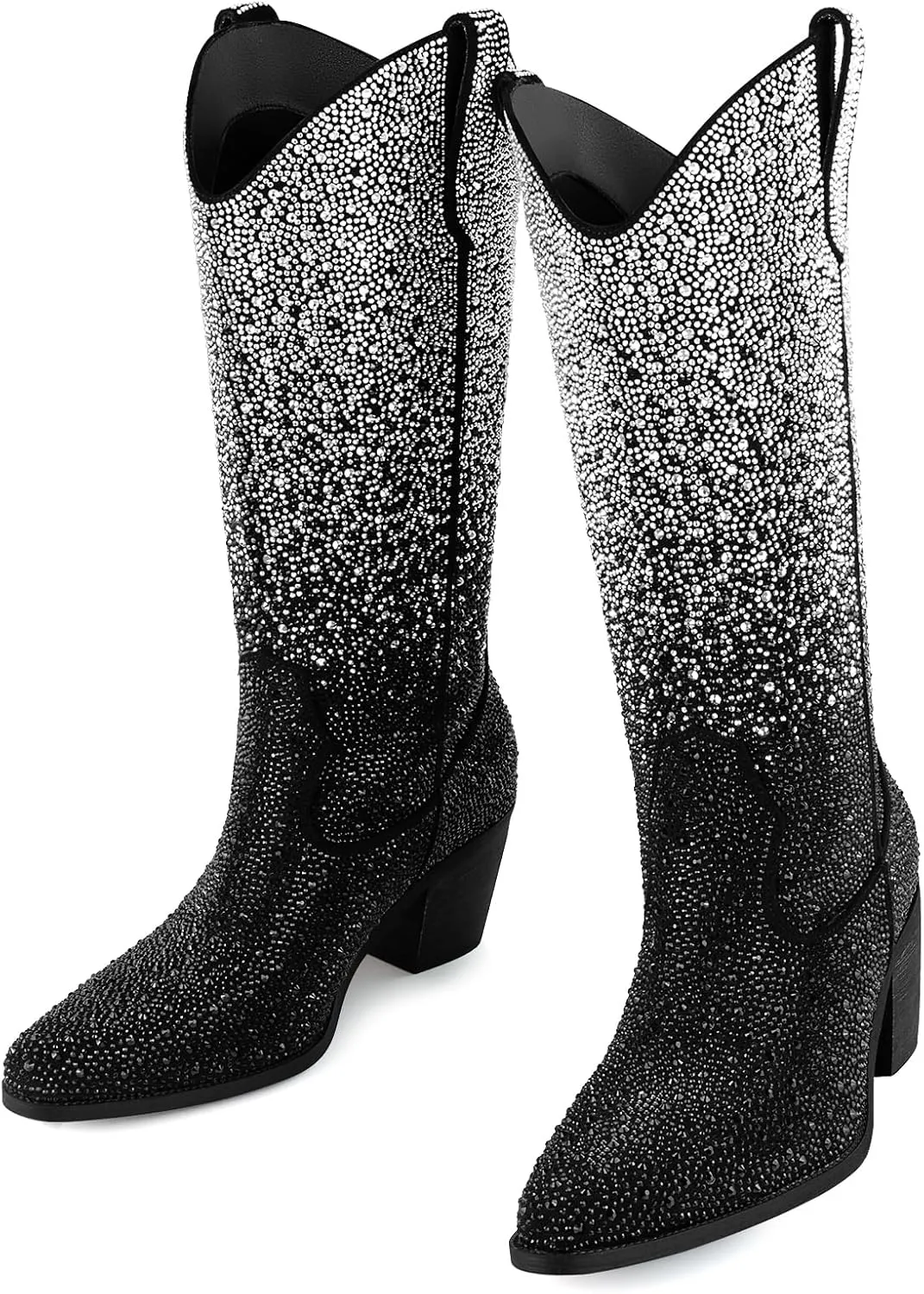 Women’s Rhinestone Cowboy Boots Mid Calf Pointed Toe Sparkly Block Heel Cowgirl Boots with Pull On Tabs