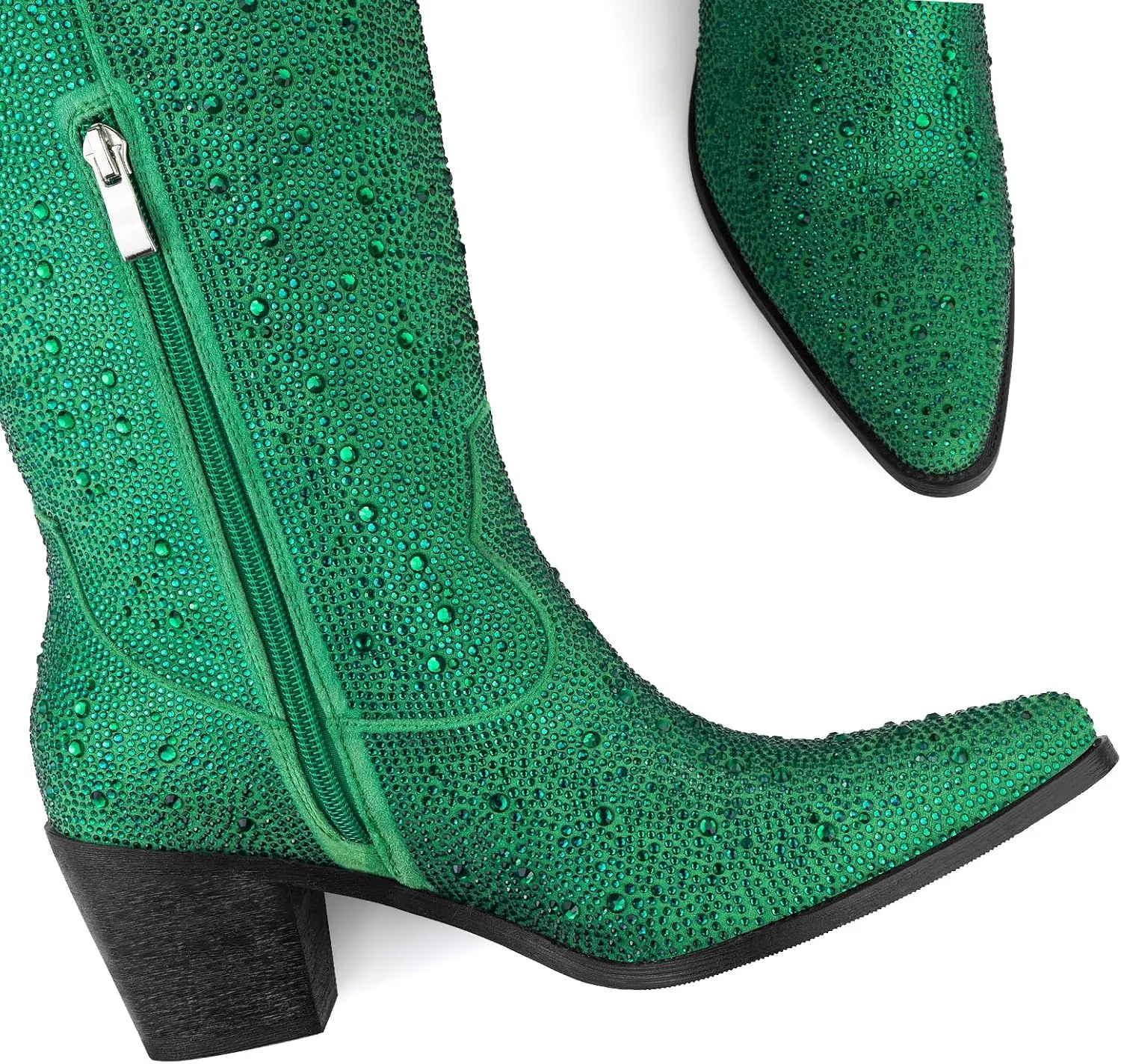 Women’s Rhinestone Cowboy Boots Mid Calf Pointed Toe Sparkly Block Heel Cowgirl Boots with Pull On Tabs