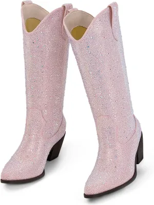 Women’s Rhinestone Cowboy Boots Mid Calf Pointed Toe Sparkly Block Heel Cowgirl Boots with Pull On Tabs