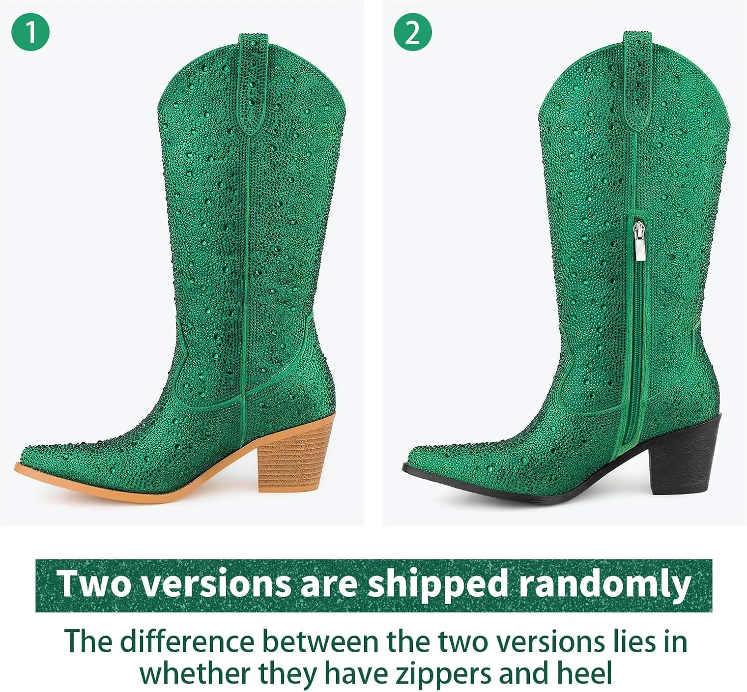 Women’s Rhinestone Cowboy Boots Mid Calf Pointed Toe Sparkly Block Heel Cowgirl Boots with Pull On Tabs