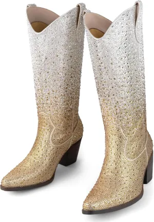 Women’s Rhinestone Cowboy Boots Mid Calf Pointed Toe Sparkly Block Heel Cowgirl Boots with Pull On Tabs