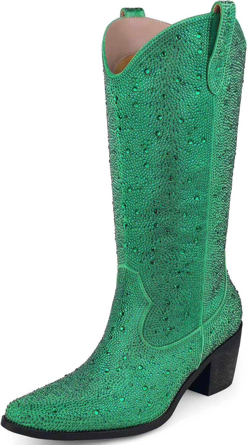 Women’s Rhinestone Cowboy Boots Mid Calf Pointed Toe Sparkly Block Heel Cowgirl Boots with Pull On Tabs