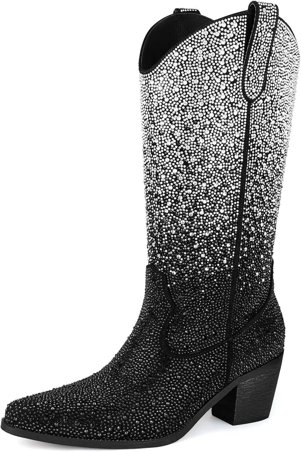 Women’s Rhinestone Cowboy Boots Mid Calf Pointed Toe Sparkly Block Heel Cowgirl Boots with Pull On Tabs