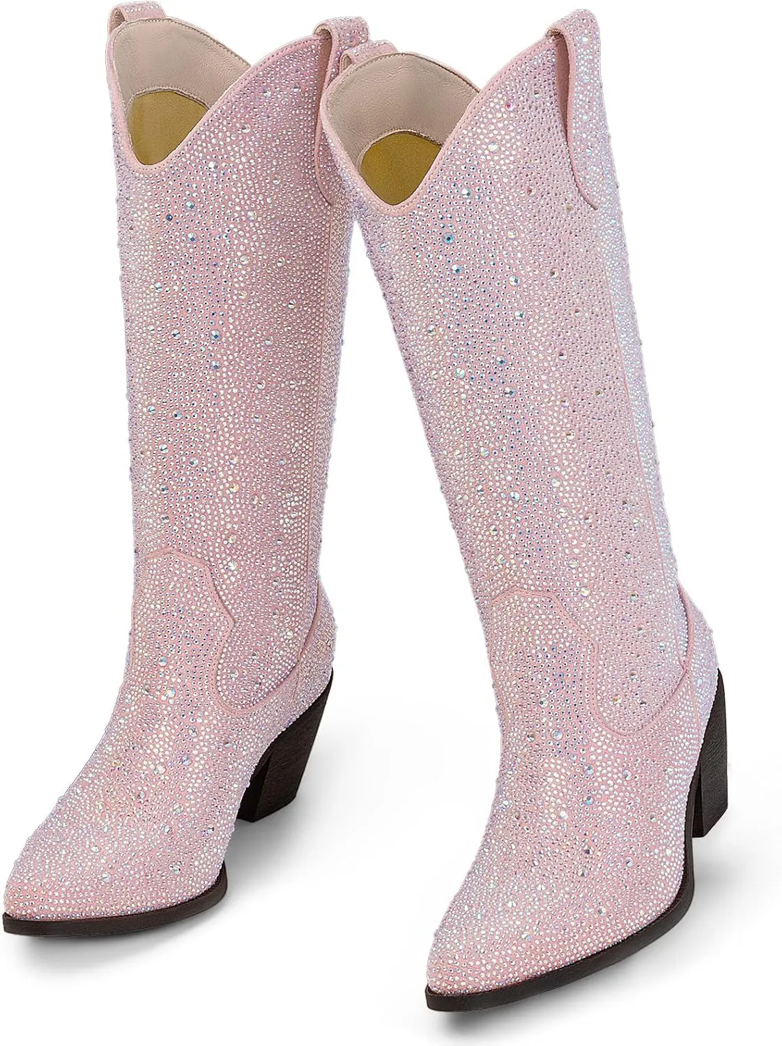 Women’s Rhinestone Cowboy Boots Mid Calf Pointed Toe Sparkly Block Heel Cowgirl Boots with Pull On Tabs