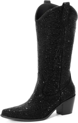 Women’s Rhinestone Cowboy Boots Mid Calf Pointed Toe Sparkly Block Heel Cowgirl Boots with Pull On Tabs