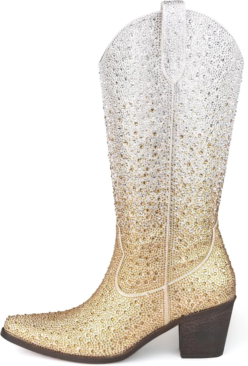 Women’s Rhinestone Cowboy Boots Mid Calf Pointed Toe Sparkly Block Heel Cowgirl Boots with Pull On Tabs