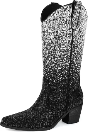 Women’s Rhinestone Cowboy Boots Mid Calf Pointed Toe Sparkly Block Heel Cowgirl Boots with Pull On Tabs