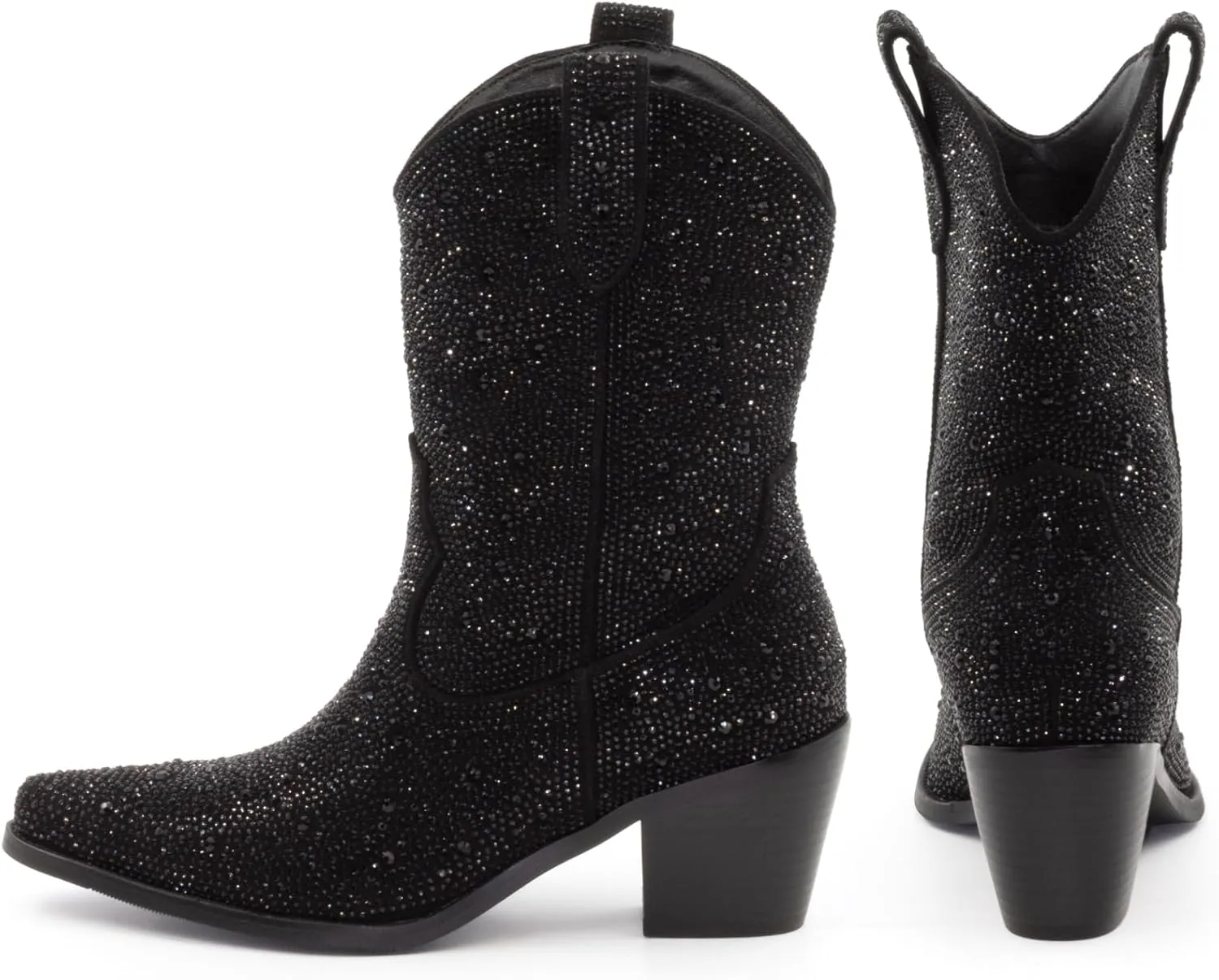 Women’s Rhinestone Cowboy Boots Pointed Toe Mid Calf Boots Sparkly Block Heel Cowgirl Boots with Pull On Tabs