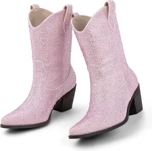 Women’s Rhinestone Cowboy Boots Pointed Toe Mid Calf Boots Sparkly Block Heel Cowgirl Boots with Pull On Tabs