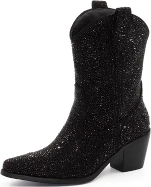 Women’s Rhinestone Cowboy Boots Pointed Toe Mid Calf Boots Sparkly Block Heel Cowgirl Boots with Pull On Tabs