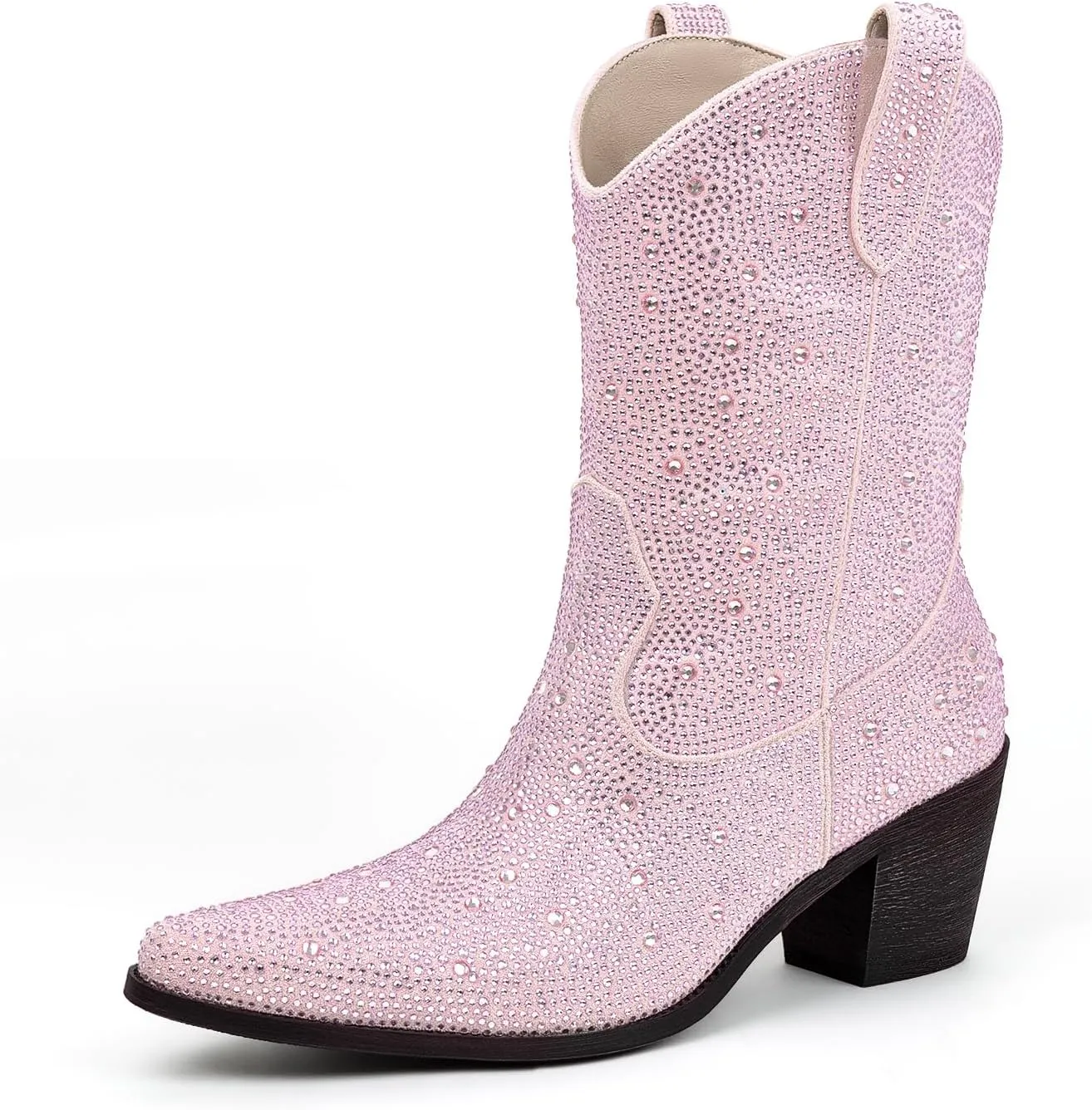Women’s Rhinestone Cowboy Boots Pointed Toe Mid Calf Boots Sparkly Block Heel Cowgirl Boots with Pull On Tabs