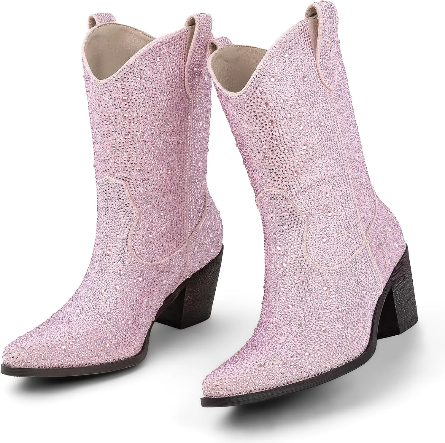 Women’s Rhinestone Cowboy Boots Pointed Toe Mid Calf Boots Sparkly Block Heel Cowgirl Boots with Pull On Tabs