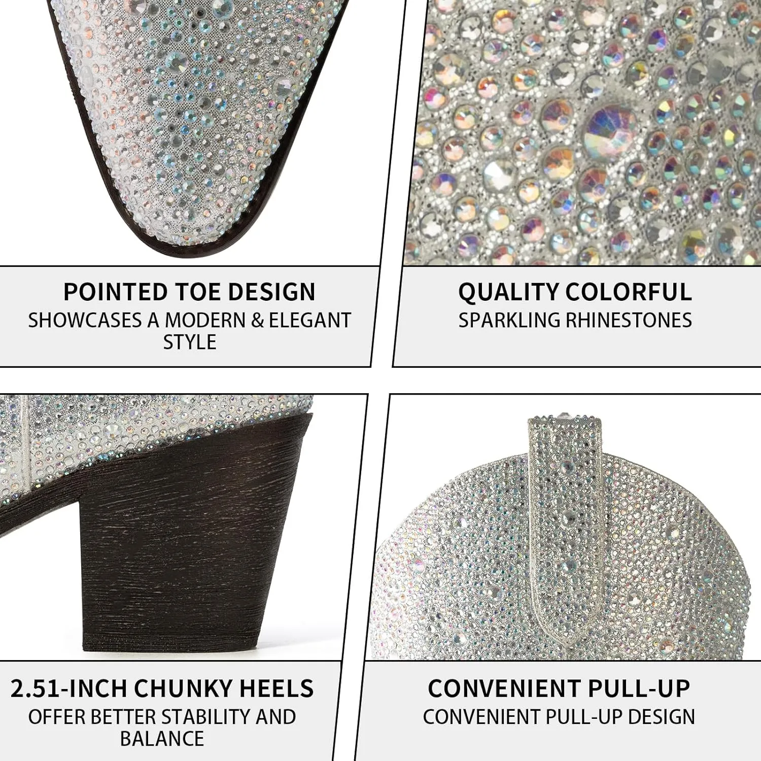 Women’s Rhinestone Cowboy Boots Pointed Toe Mid Calf Boots Sparkly Block Heel Cowgirl Boots with Pull On Tabs