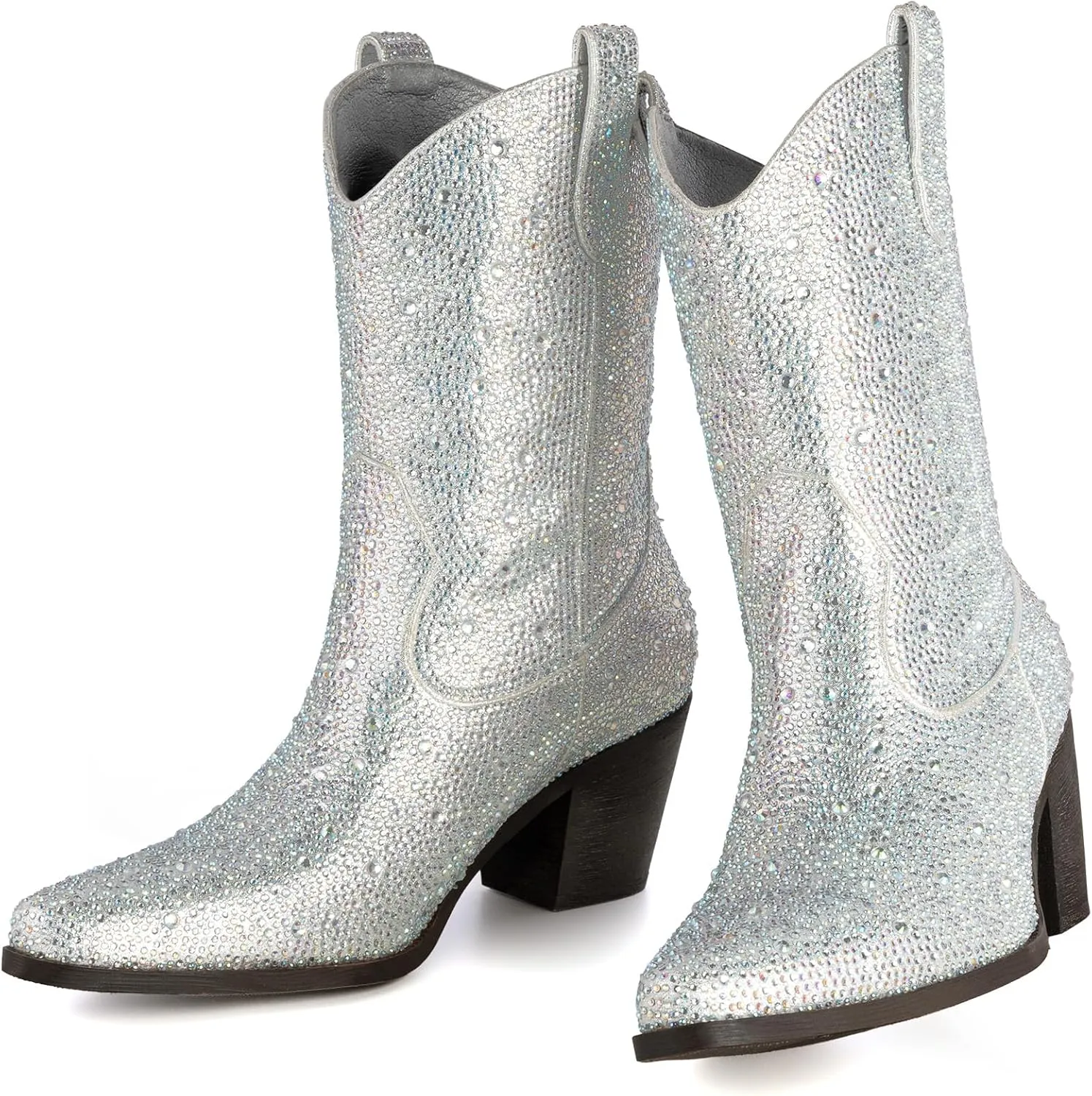 Women’s Rhinestone Cowboy Boots Pointed Toe Mid Calf Boots Sparkly Block Heel Cowgirl Boots with Pull On Tabs