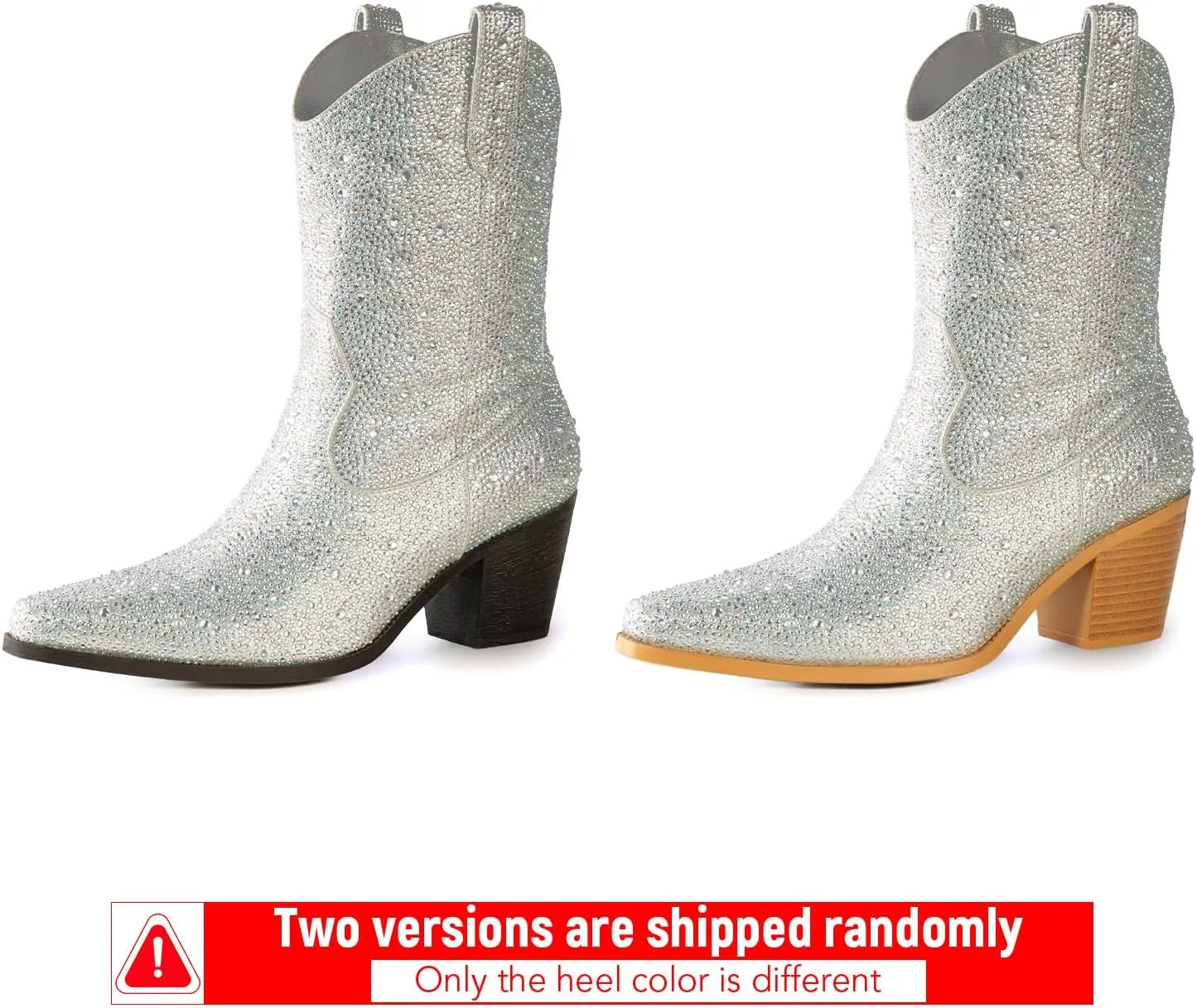 Women’s Rhinestone Cowboy Boots Pointed Toe Mid Calf Boots Sparkly Block Heel Cowgirl Boots with Pull On Tabs