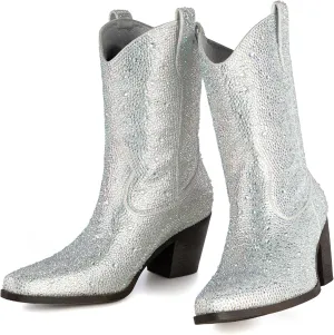 Women’s Rhinestone Cowboy Boots Pointed Toe Mid Calf Boots Sparkly Block Heel Cowgirl Boots with Pull On Tabs