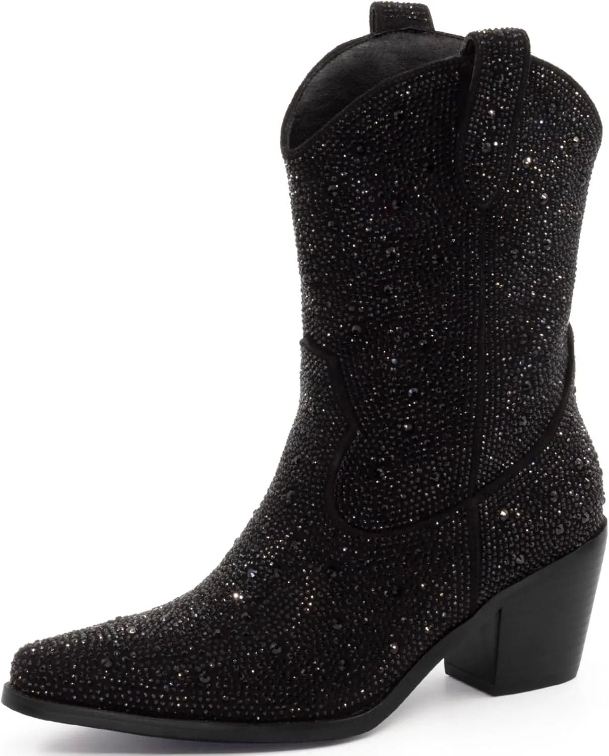 Women’s Rhinestone Cowboy Boots Pointed Toe Mid Calf Boots Sparkly Block Heel Cowgirl Boots with Pull On Tabs
