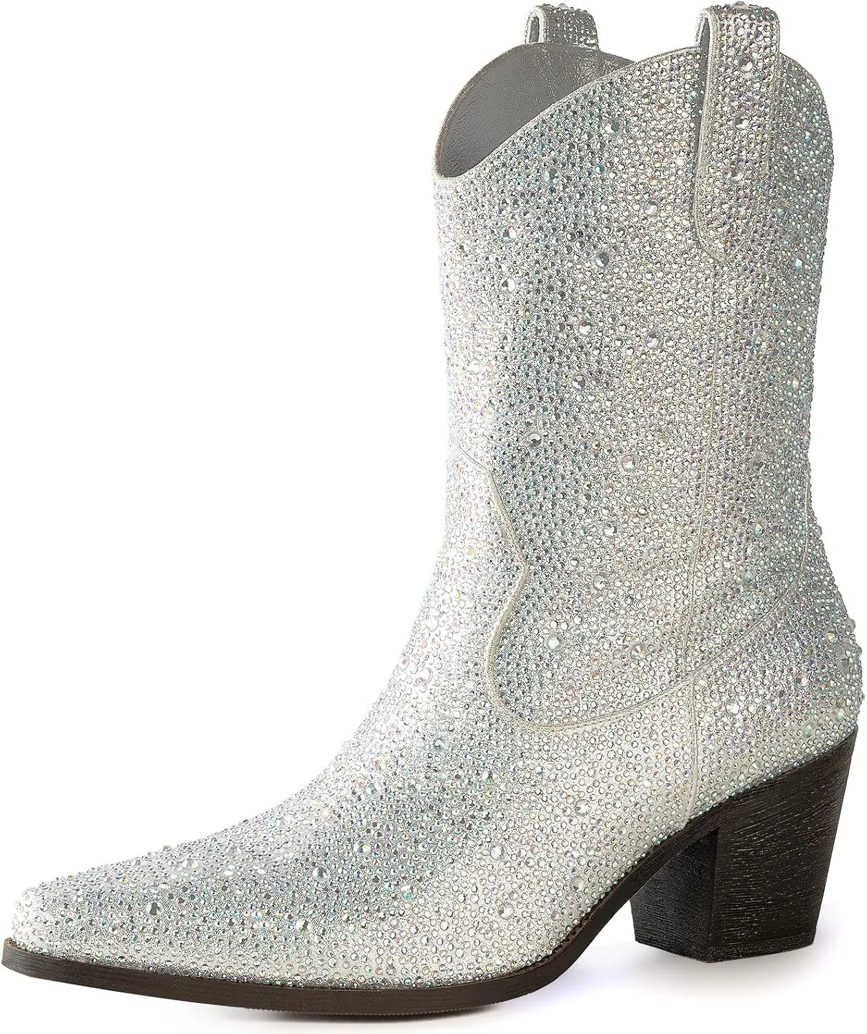 Women’s Rhinestone Cowboy Boots Pointed Toe Mid Calf Boots Sparkly Block Heel Cowgirl Boots with Pull On Tabs