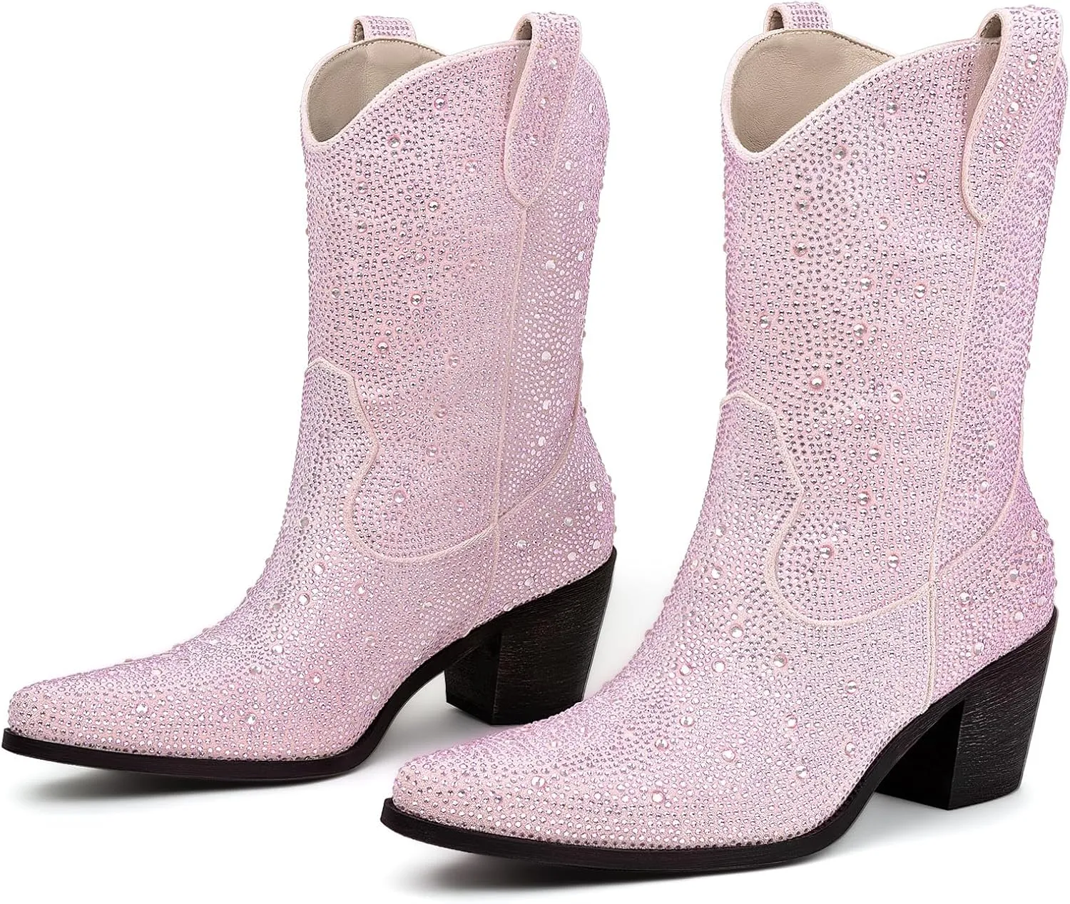 Women’s Rhinestone Cowboy Boots Pointed Toe Mid Calf Boots Sparkly Block Heel Cowgirl Boots with Pull On Tabs