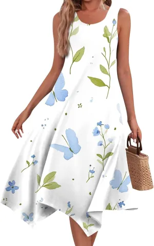 Women's Round Neck Sleeveless Tank Sundresses 2025 Floral Print Irregular Hem Midi Dress, S-2XL