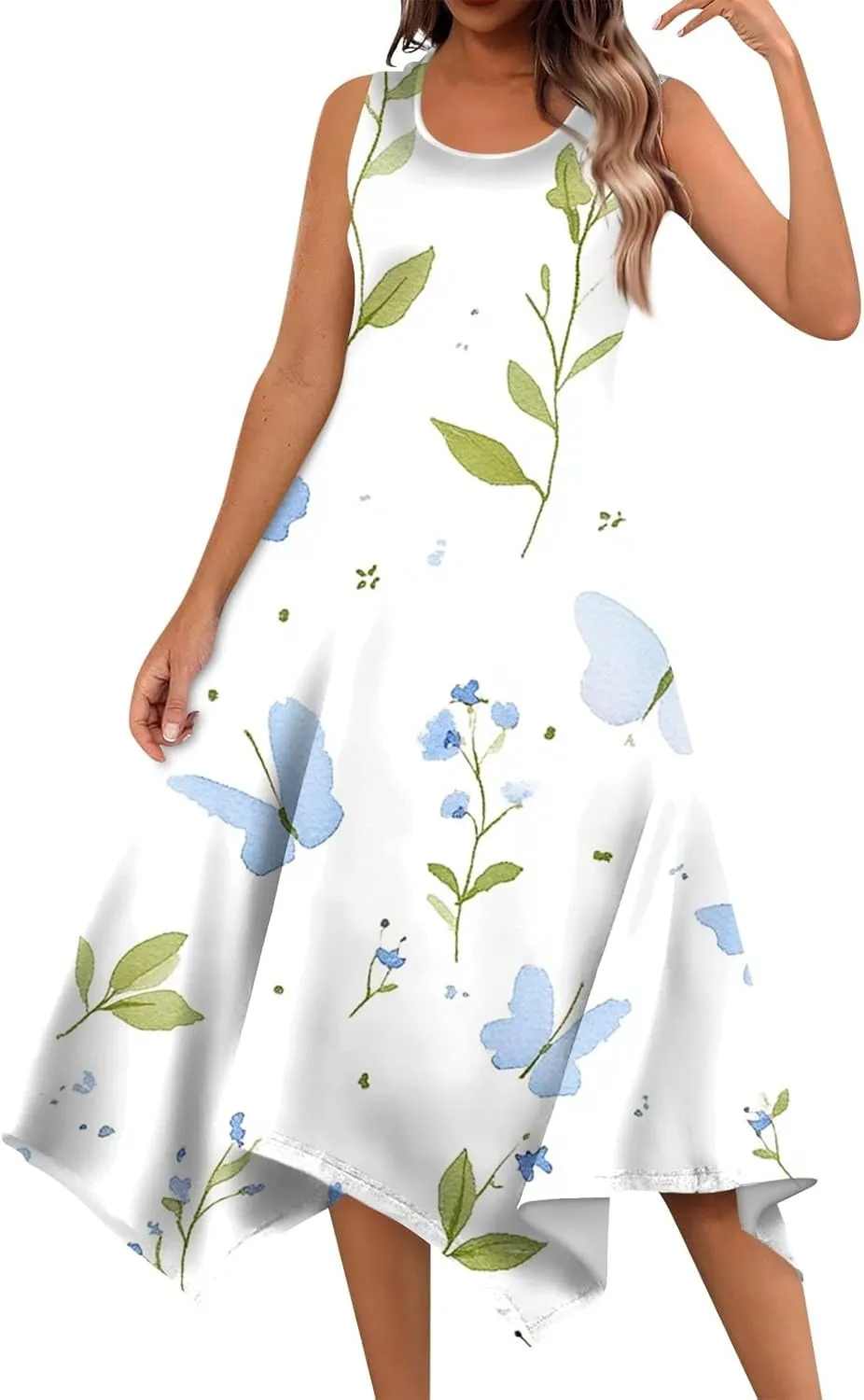 Women's Round Neck Sleeveless Tank Sundresses 2025 Floral Print Irregular Hem Midi Dress, S-2XL