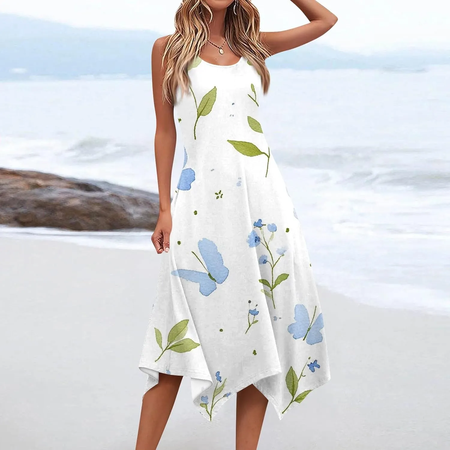Women's Round Neck Sleeveless Tank Sundresses 2025 Floral Print Irregular Hem Midi Dress, S-2XL