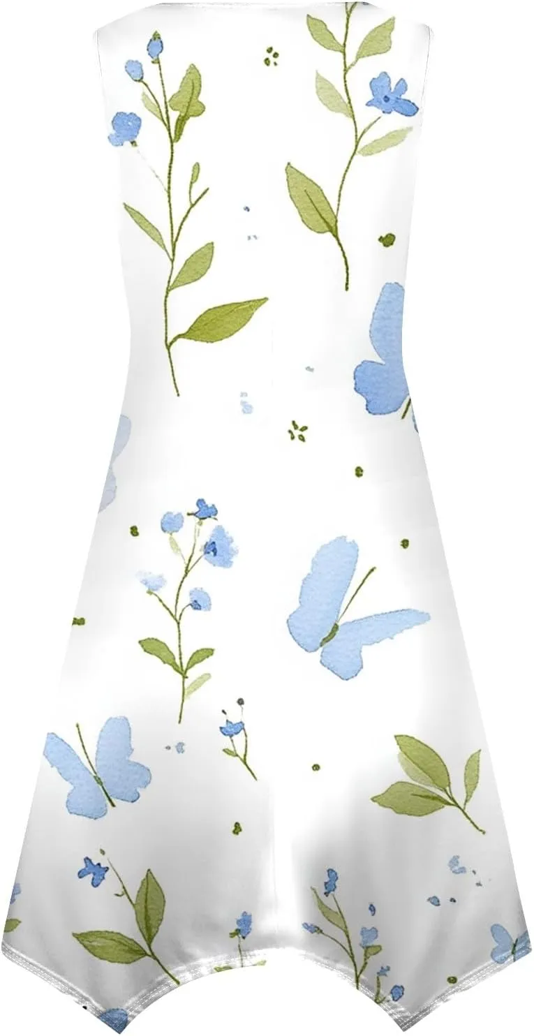 Women's Round Neck Sleeveless Tank Sundresses 2025 Floral Print Irregular Hem Midi Dress, S-2XL