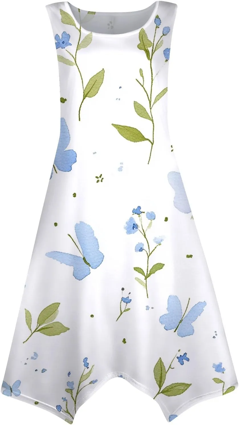 Women's Round Neck Sleeveless Tank Sundresses 2025 Floral Print Irregular Hem Midi Dress, S-2XL