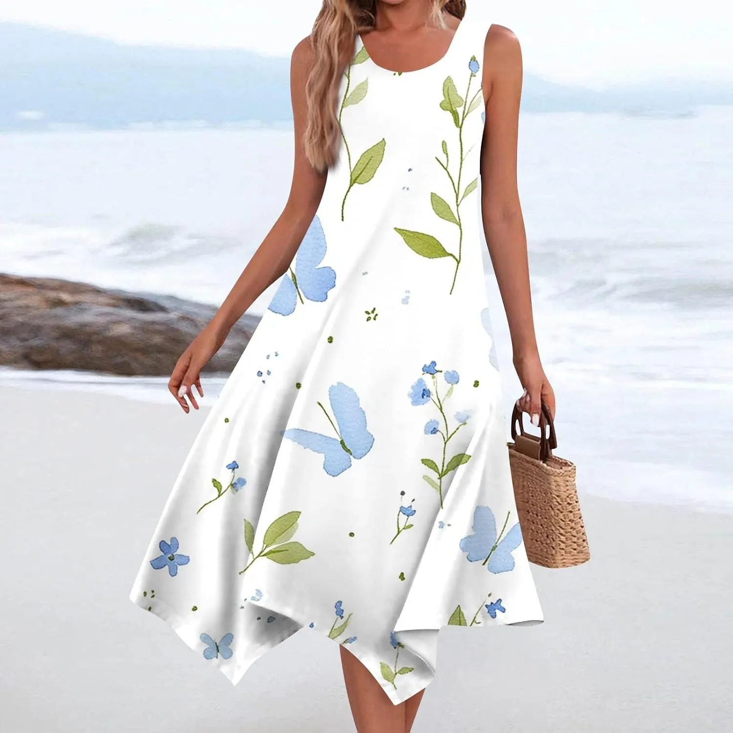 Women's Round Neck Sleeveless Tank Sundresses 2025 Floral Print Irregular Hem Midi Dress, S-2XL