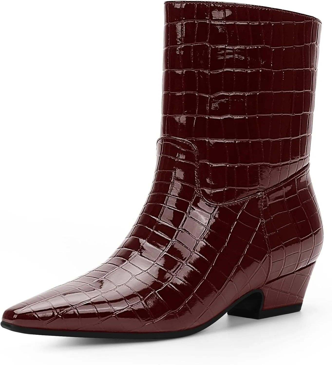 Women's Sexy Faux Crocodile Chunky Low Heel Ankle Dress Boots Square Toe Slip On Booties