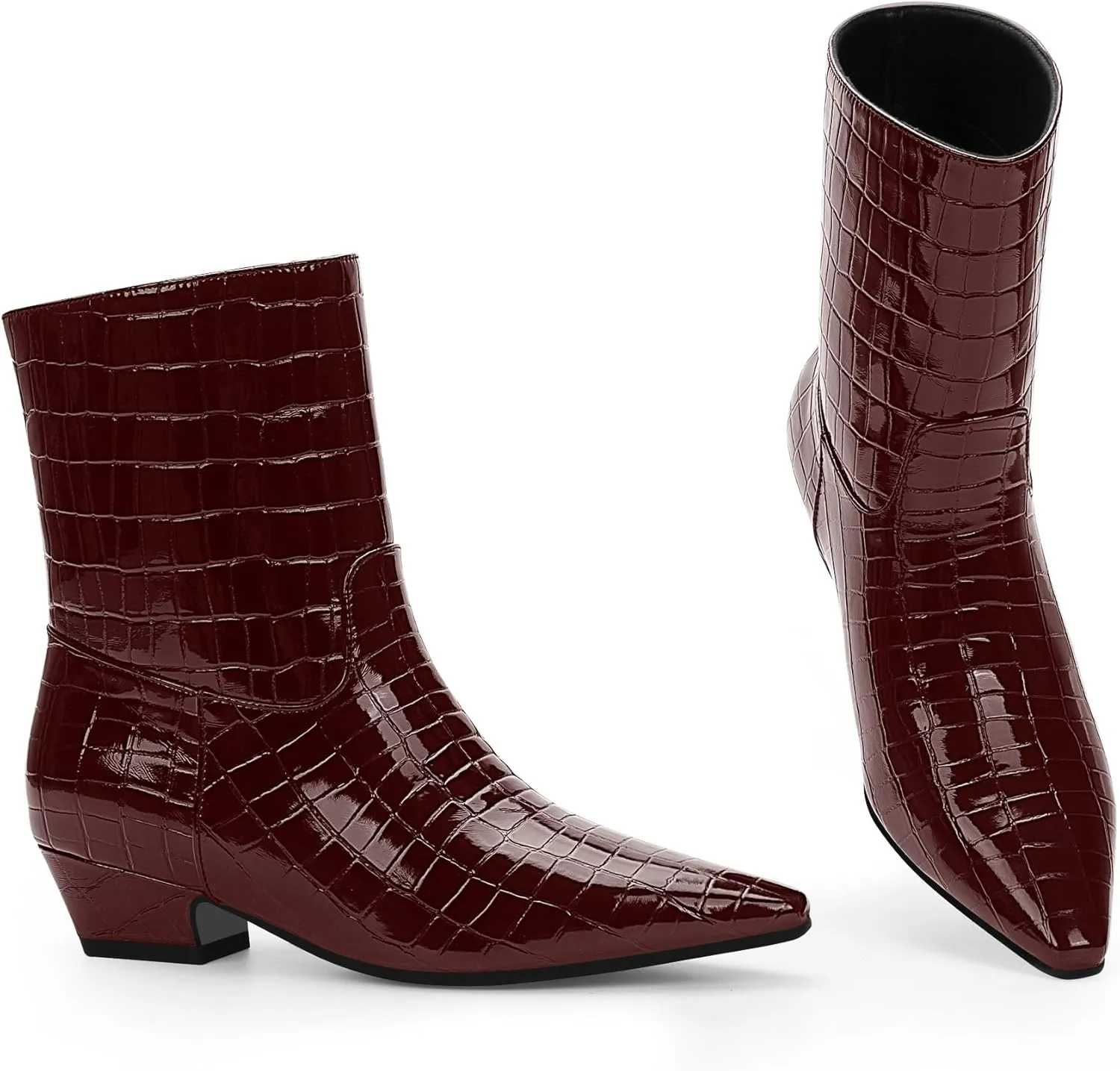 Women's Sexy Faux Crocodile Chunky Low Heel Ankle Dress Boots Square Toe Slip On Booties
