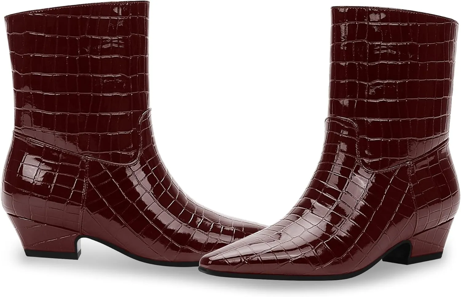 Women's Sexy Faux Crocodile Chunky Low Heel Ankle Dress Boots Square Toe Slip On Booties