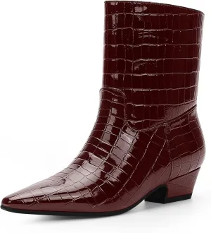 Women's Sexy Faux Crocodile Chunky Low Heel Ankle Dress Boots Square Toe Slip On Booties