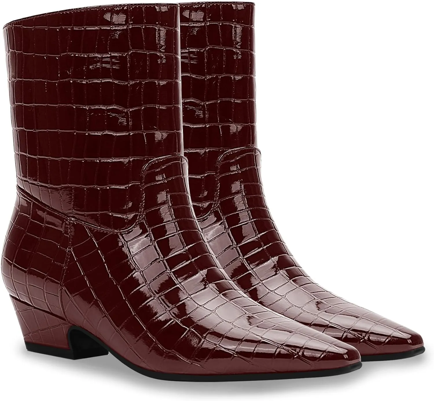 Women's Sexy Faux Crocodile Chunky Low Heel Ankle Dress Boots Square Toe Slip On Booties