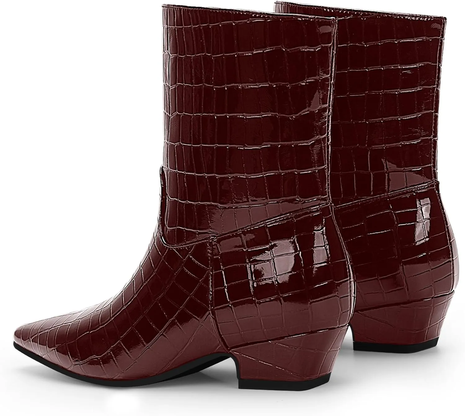 Women's Sexy Faux Crocodile Chunky Low Heel Ankle Dress Boots Square Toe Slip On Booties