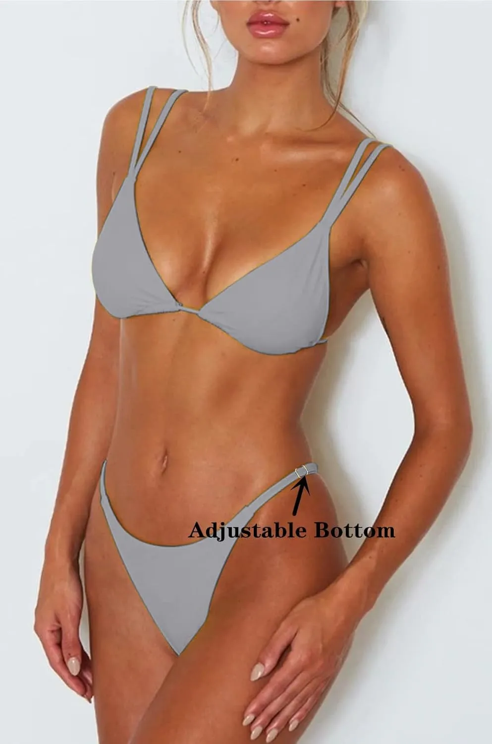 Women's Sexy Thong Bottom Two Piece Bikini Double Shoulder Straps Cute Swimsuit Triangle Bathing Suit