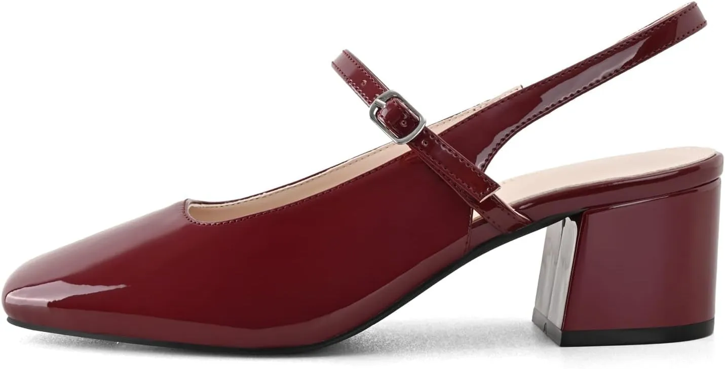 Women's Slingback Heels Low Chunky Heel Buckle Strap Pumps Square Toe Wedding Dress Shoes