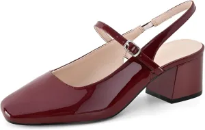 Women's Slingback Heels Low Chunky Heel Buckle Strap Pumps Square Toe Wedding Dress Shoes