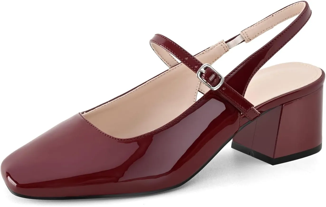 Women's Slingback Heels Low Chunky Heel Buckle Strap Pumps Square Toe Wedding Dress Shoes