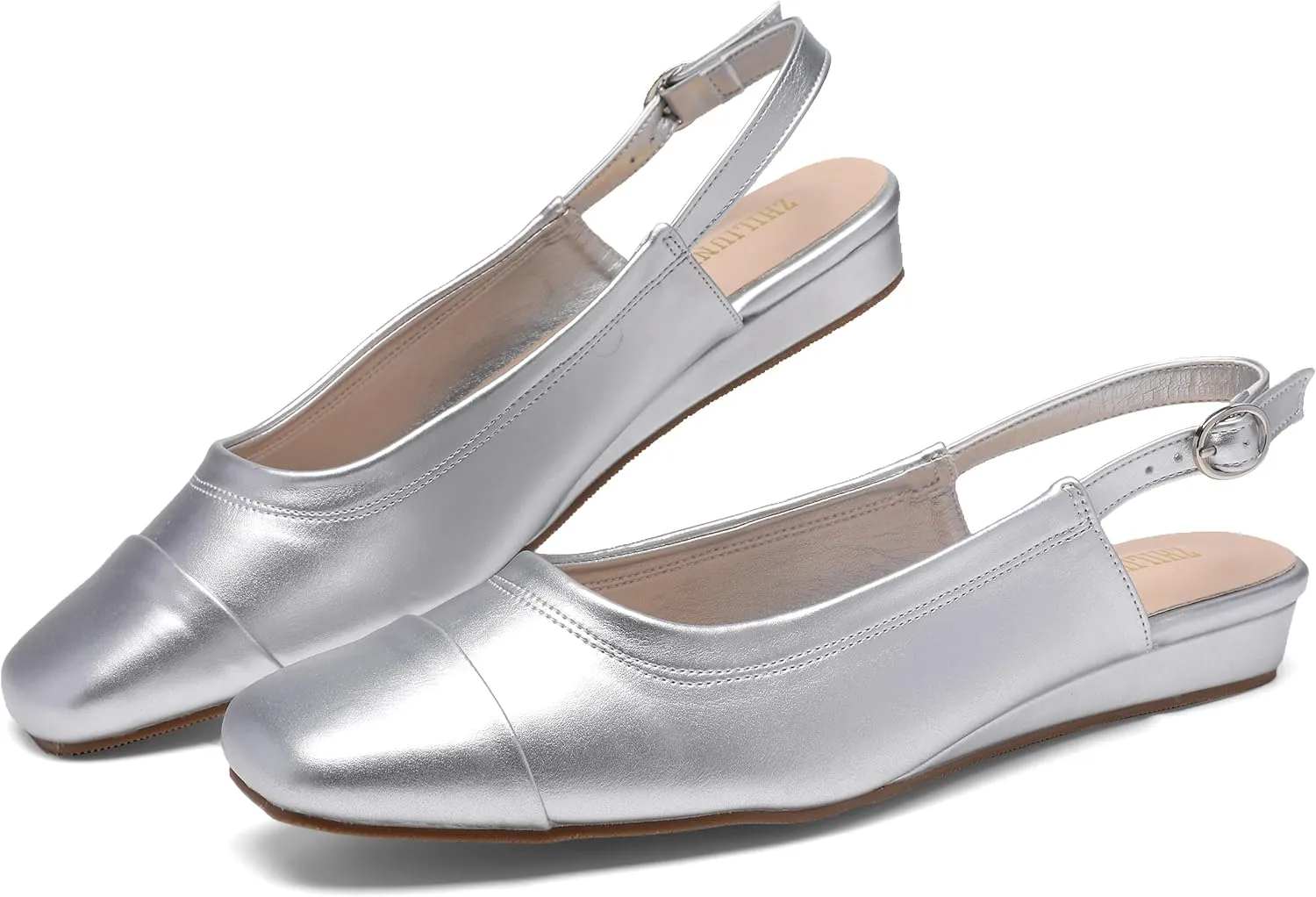 Women's Slingback Low Heel Pumps,Ladies Closed Square Toe Wedge Sandals Dressy Casual Trendy Comfortable Buckle Fancy Business Office Teacher Holiday Leather Shoe