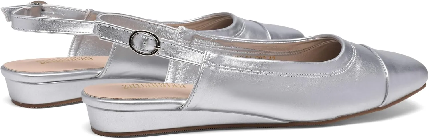 Women's Slingback Low Heel Pumps,Ladies Closed Square Toe Wedge Sandals Dressy Casual Trendy Comfortable Buckle Fancy Business Office Teacher Holiday Leather Shoe