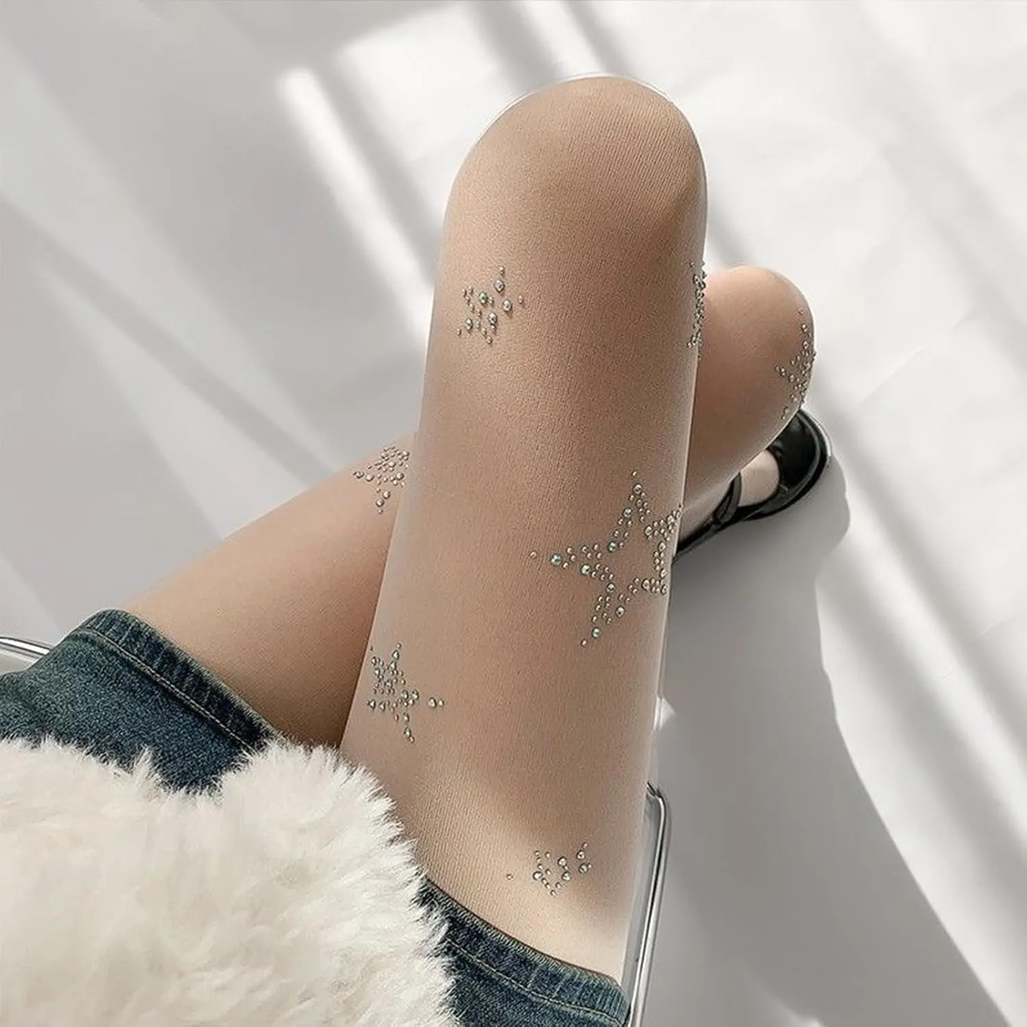 Women's Sparkle Rhinestone Tights, Black Glitter High Waist Sheer Leggings Crystal Party Concert Outfit Stockings