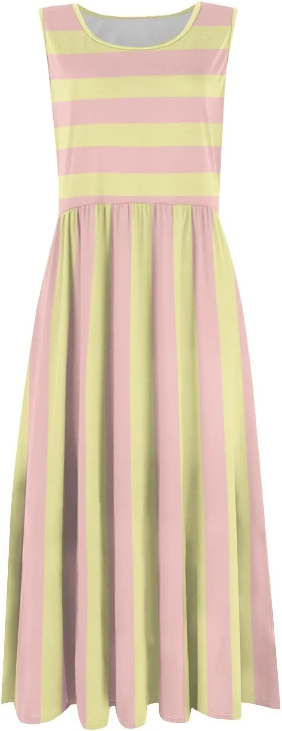 Women's Spring Dresses 2025 Trendy Round Neck Sleeveless A Line Striped Print Midi Tank Sundress, S-3XL