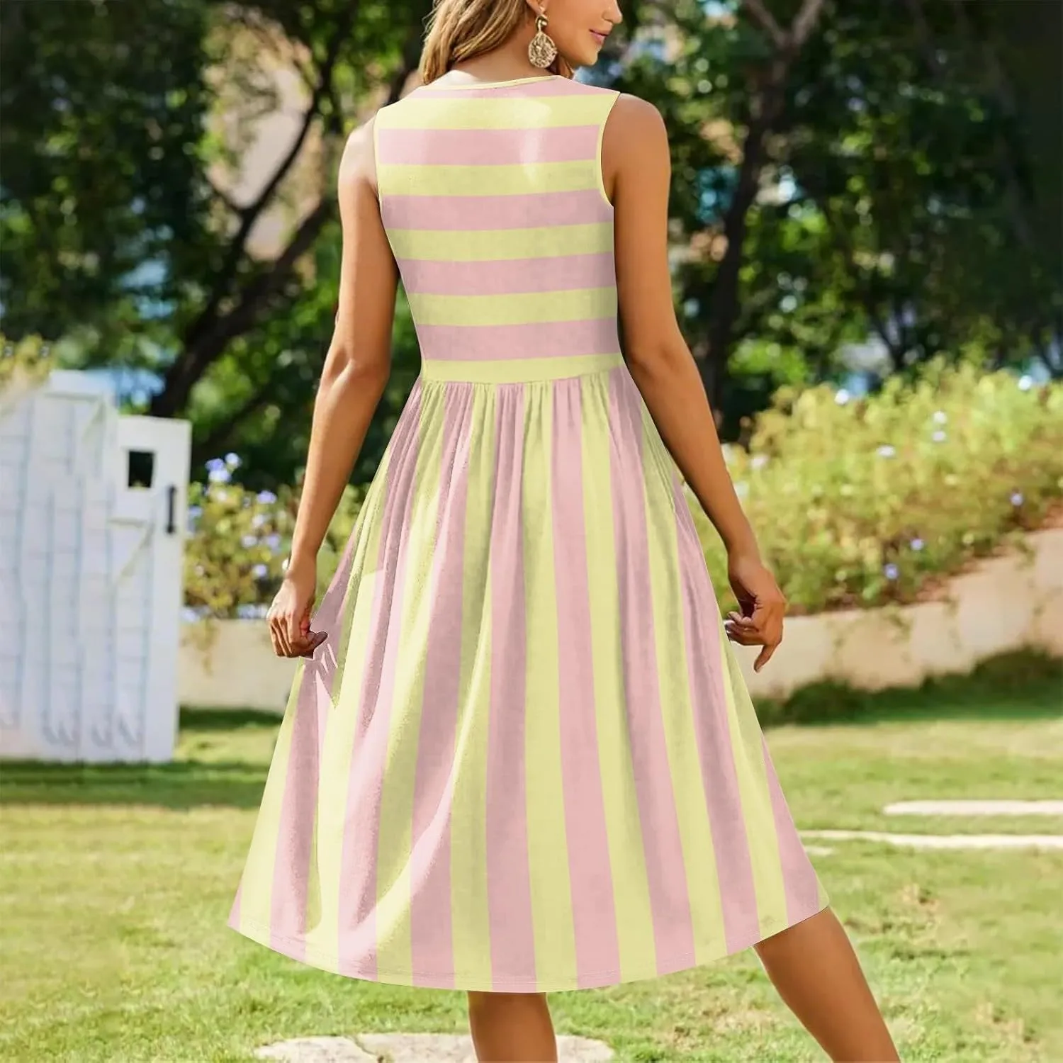 Women's Spring Dresses 2025 Trendy Round Neck Sleeveless A Line Striped Print Midi Tank Sundress, S-3XL