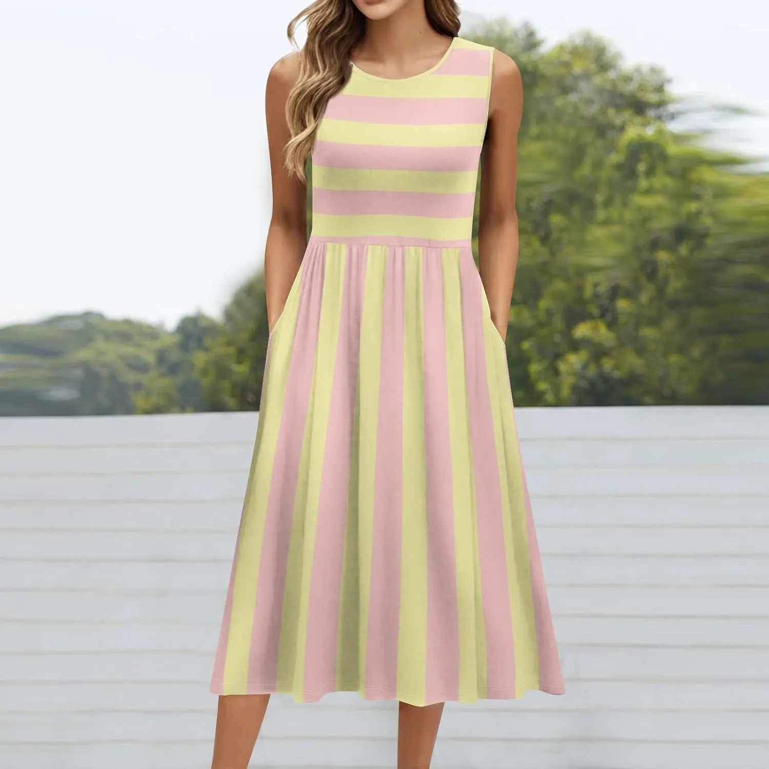 Women's Spring Dresses 2025 Trendy Round Neck Sleeveless A Line Striped Print Midi Tank Sundress, S-3XL
