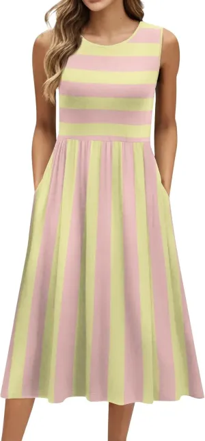 Women's Spring Dresses 2025 Trendy Round Neck Sleeveless A Line Striped Print Midi Tank Sundress, S-3XL
