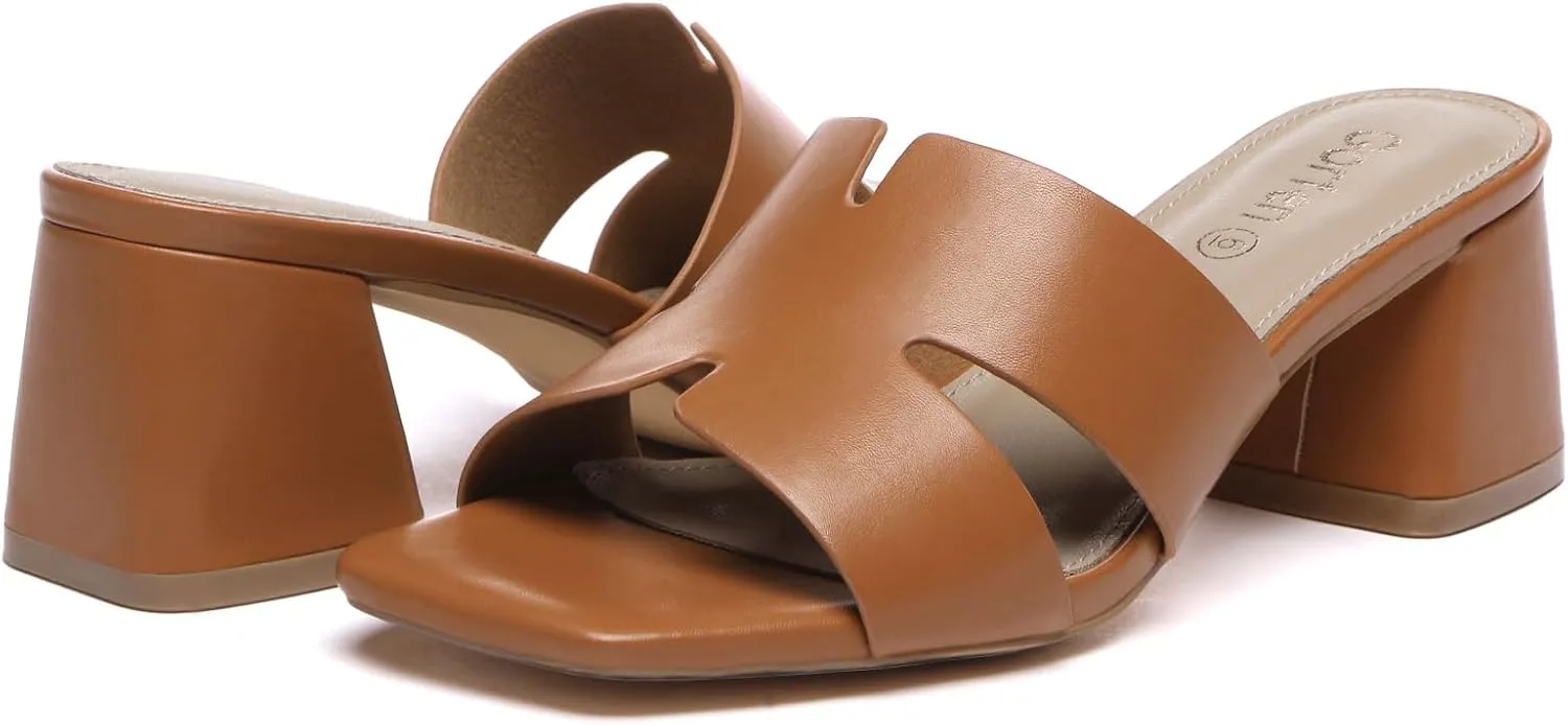 Women's Square Open Toe Sandals Low Block Chunky Heel Slip on Comfortable Casual Sandals for Daily Wear