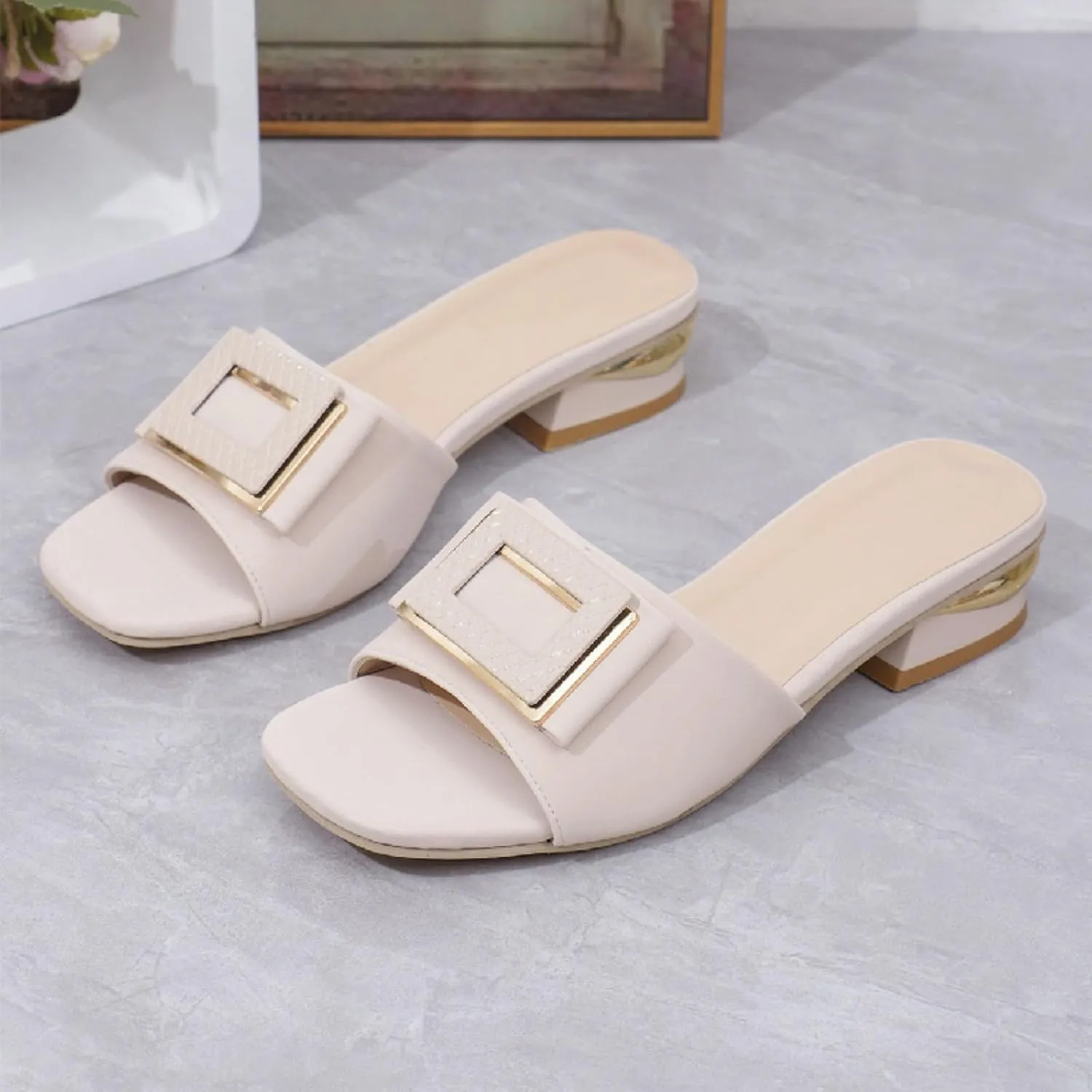 Womens Square Toe Dressy Summer Slide Sandal Flat Low Heel Big Metal Buckle Slip On Party Slippers Casual Summer Shoes