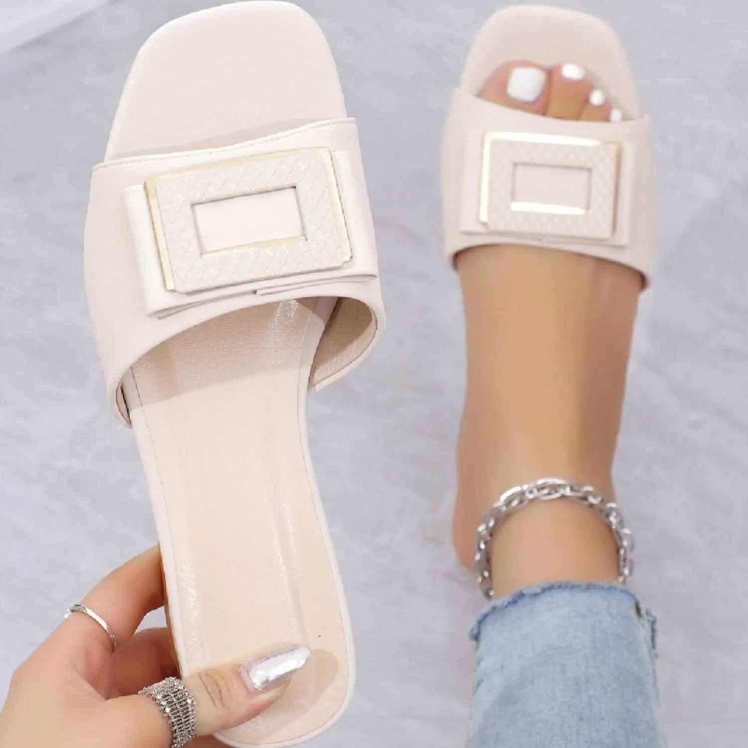 Womens Square Toe Dressy Summer Slide Sandal Flat Low Heel Big Metal Buckle Slip On Party Slippers Casual Summer Shoes